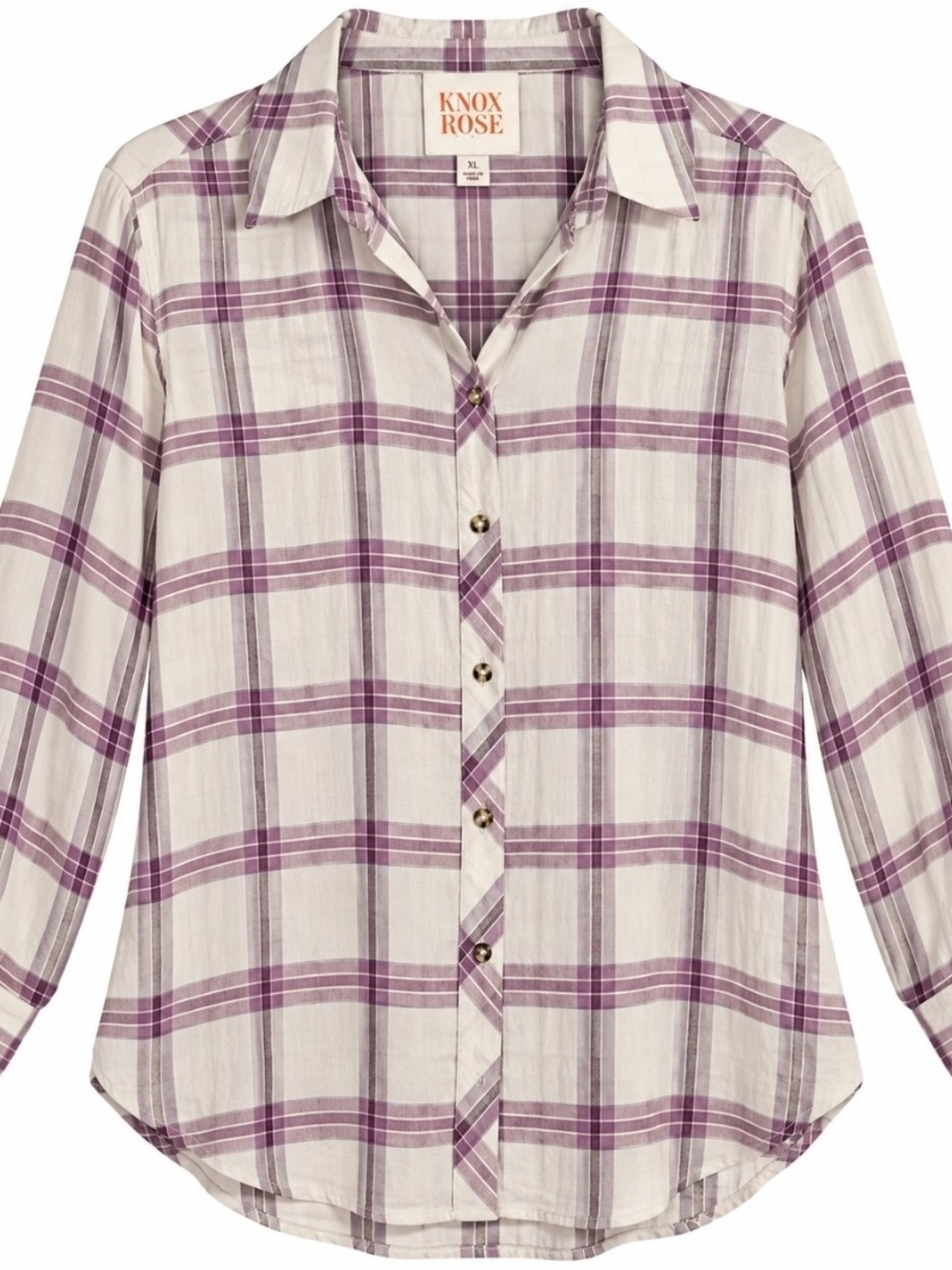 Comfy- Cream and Lavender Plaid Button-Down Shirt Size-XL